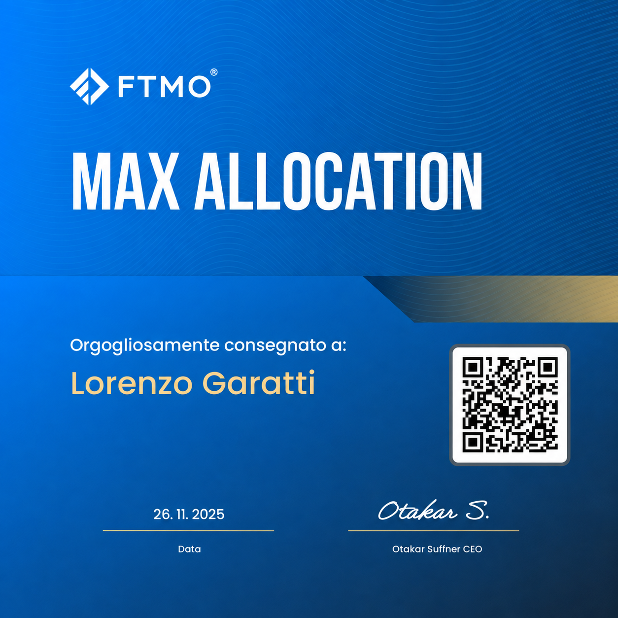 Certificato FTMO Max Allocation — apri per vedere tutti i payout